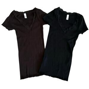 Lot of 2 Merona Y2K Size M Ribbed Stretch Knit Tee Lace Trim Brown Black